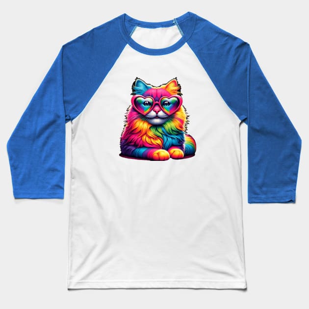 Rainbow Cute cat Wearing Glasses Heart kitten Love cat Funny Baseball T-Shirt by solo4design